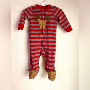 Carter's Fleece Warm and Cozy Red and Gray Striped Footie with Moose size 3/6M